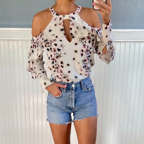 BCBGMAXAZRIA Celestine White Floral Cold Shoulder Ruffle Blouse XXS - Picture 4 of 9